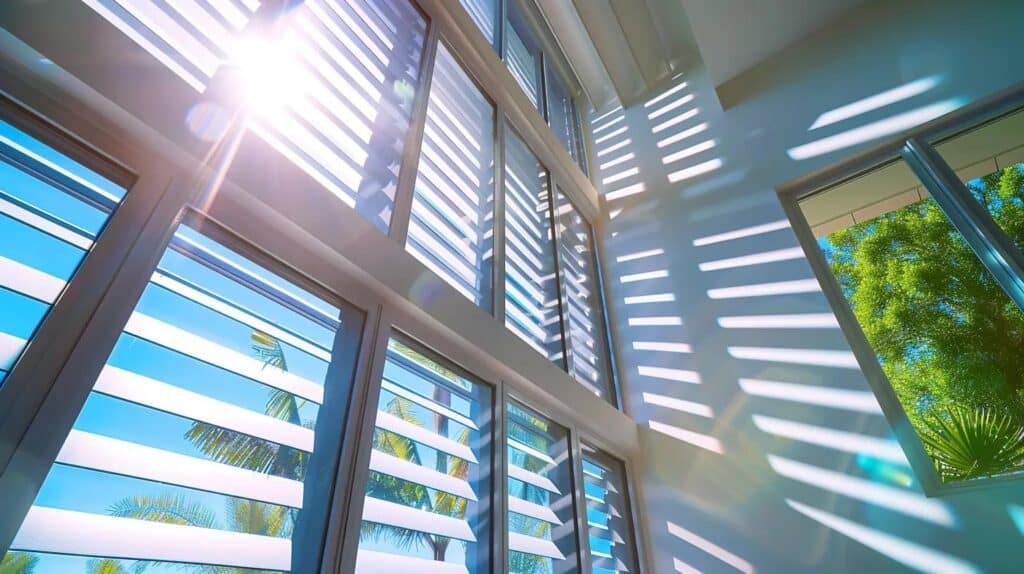 a modern west palm beach home showcases an array of sleek, impact-resistant windows, gleaming under bright sunlight, emphasizing their durability and stylish design.