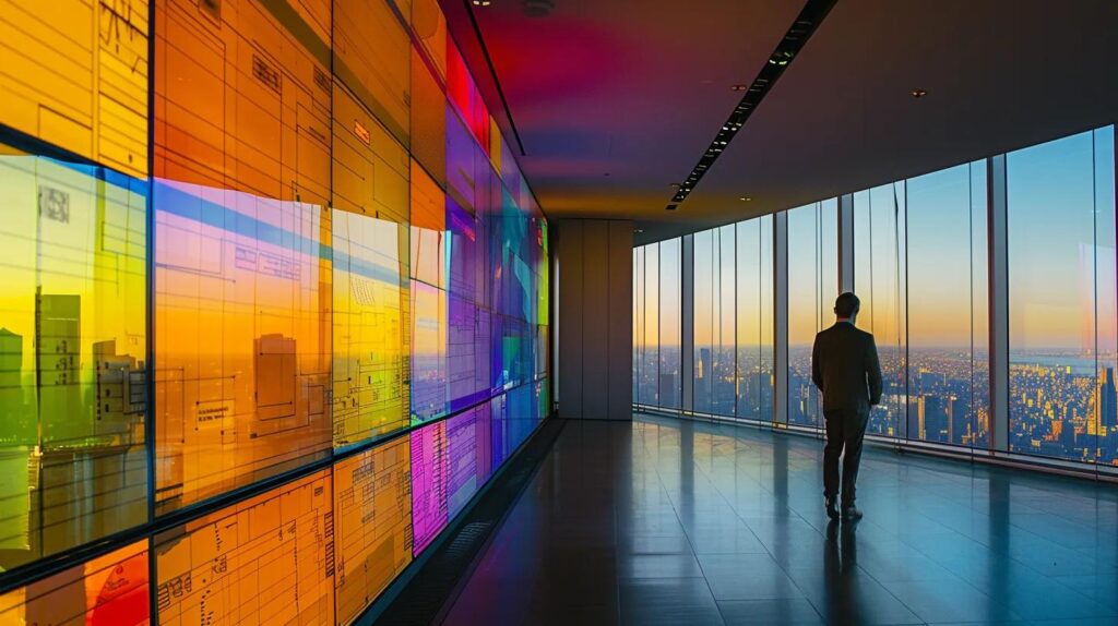 a sleek, modern office with a large window displaying an urban landscape, where a professional is analyzing a colorful infographic on impact window pricing, illuminated by bright artificial lighting that highlights key statistics.