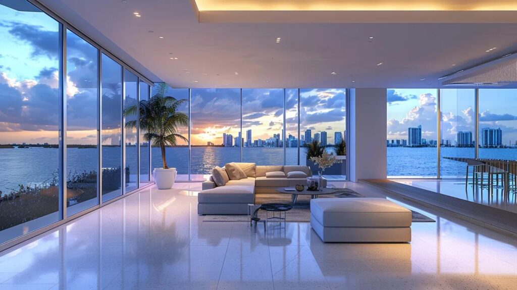 a modern miami beachfront apartment showcases sleek, high-impact windows expertly designed for hurricane protection, framed against a vibrant skyline and stormy ocean backdrop, emphasizing strength and safety in urban architecture.